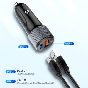 شارژر فندکی فست و PD دو پورت LDNIO مدل C510Q 38W به همراه کابل شارژ Type-C to Type-C – مشکی (اصلی)